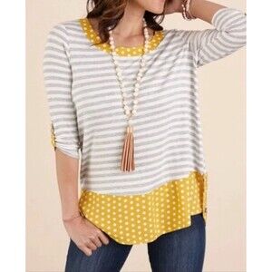 MATILDA JANE Once Upon A Time Oracle Tunic Top Striped Womens Medium Gray Yellow